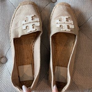 Tory Burch Neutral Beige Canvas Espadrille Flats with Logo